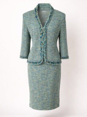 St. John Couture Skirt Suit Size 10 Multicolor Aqua Blue Green Tweed